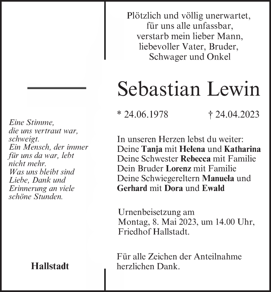  Traueranzeige für Sebastian Lewin vom 29.04.2023 aus MGO