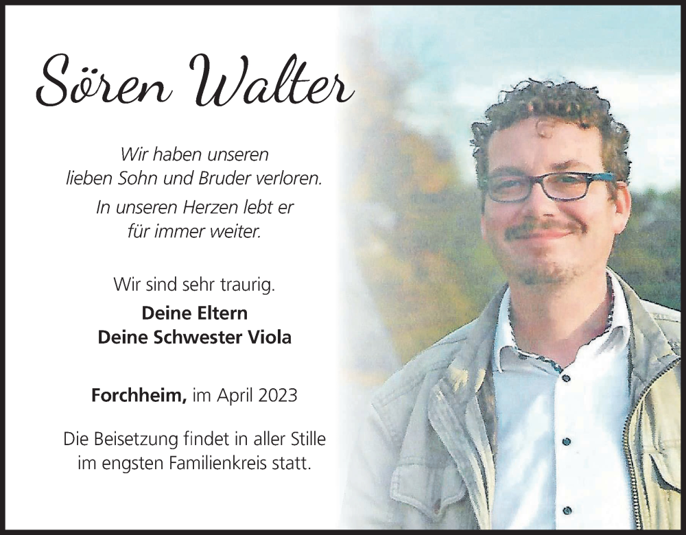  Traueranzeige für Sören Walter vom 15.04.2023 aus MGO