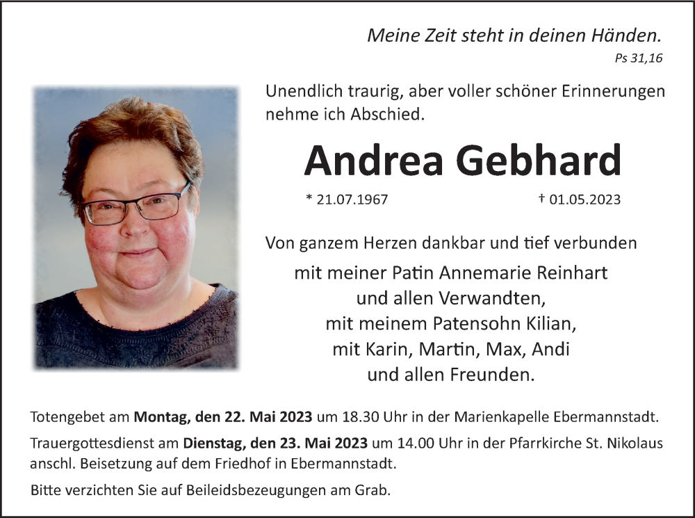  Traueranzeige für Andrea Gebhard vom 13.05.2023 aus MGO