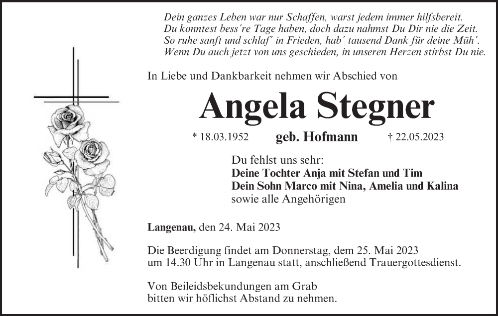  Traueranzeige für Angela Stegner vom 24.05.2023 aus MGO