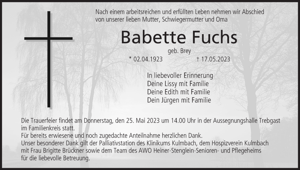  Traueranzeige für Babette Fuchs vom 24.05.2023 aus MGO