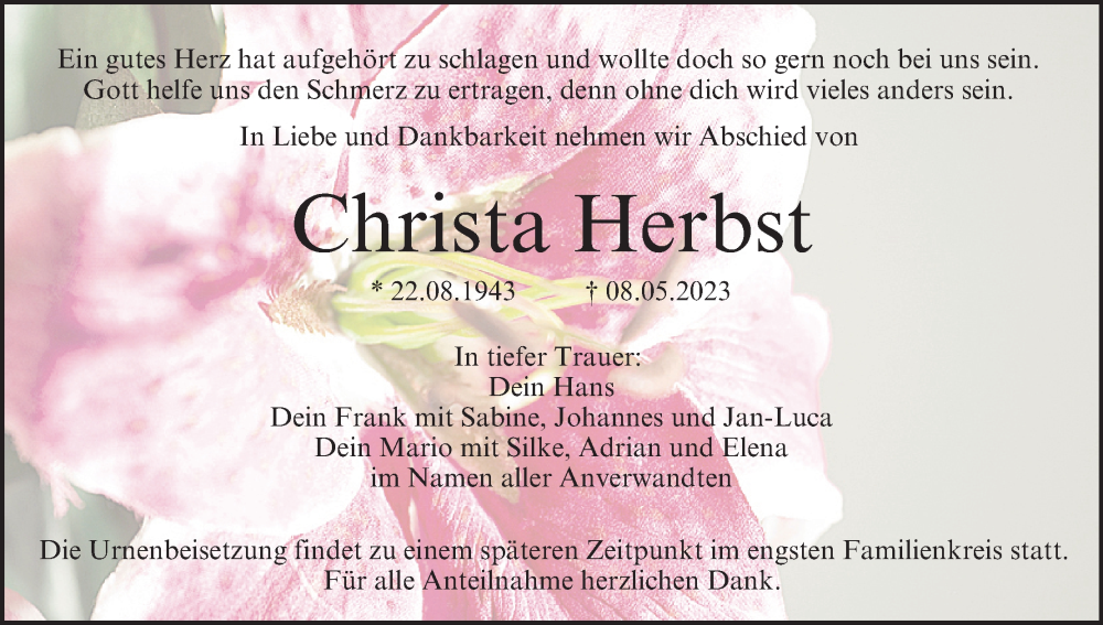  Traueranzeige für Christa Herbst vom 13.05.2023 aus MGO