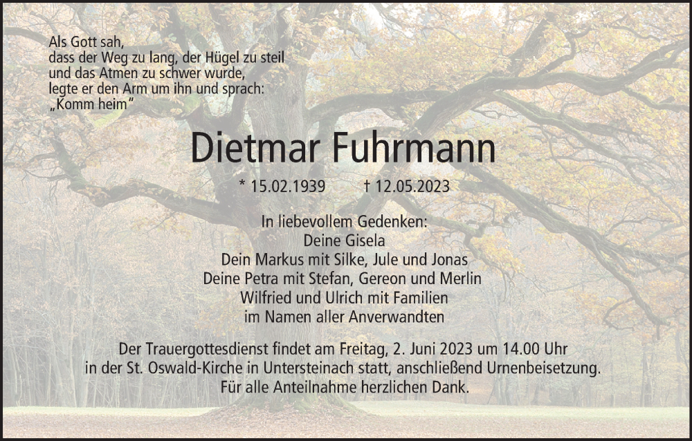  Traueranzeige für Dietmar Fuhrmann vom 27.05.2023 aus MGO