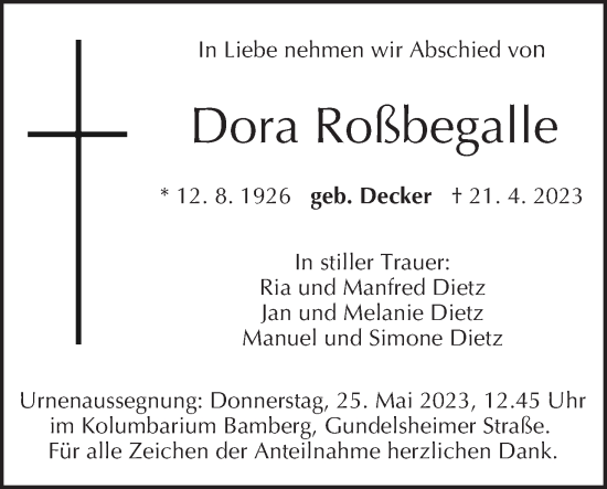 Anzeige von Dora Roßbegalle von MGO