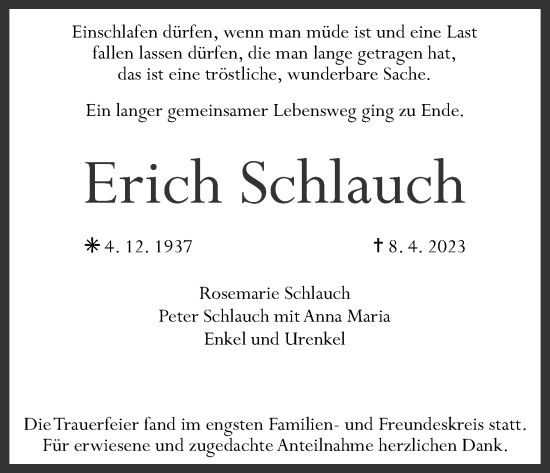 Anzeige von Erich Schlauch von MGO