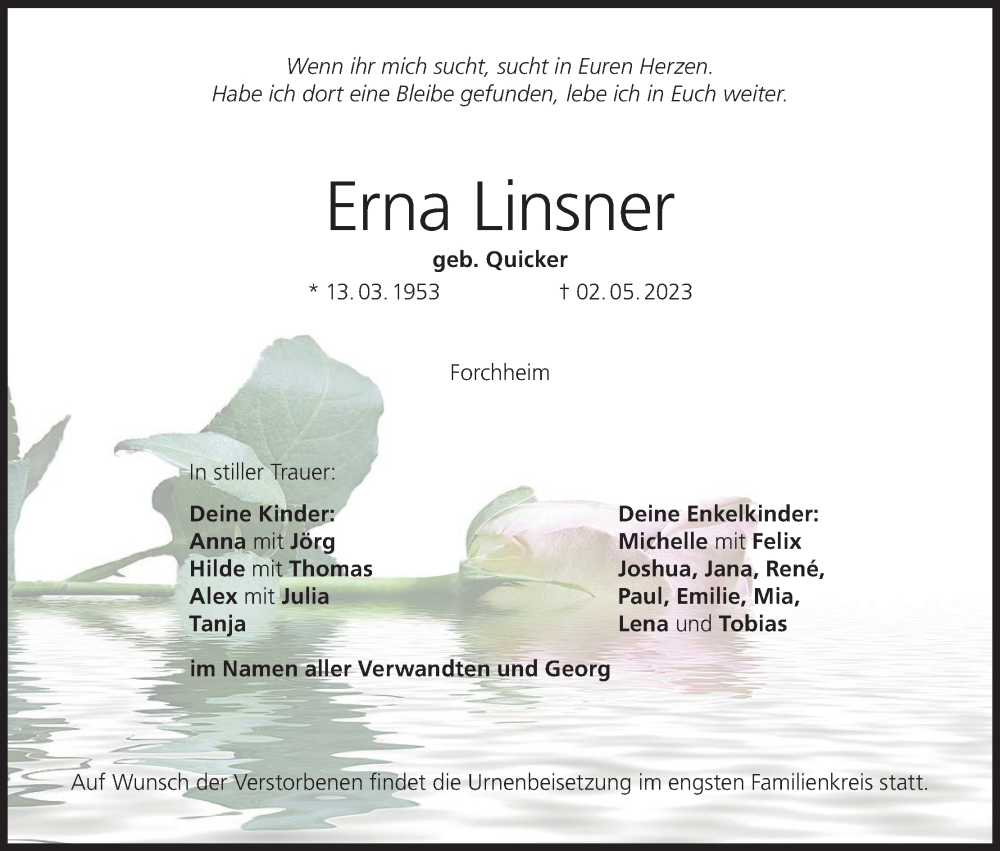  Traueranzeige für Erna Linsner vom 13.05.2023 aus MGO