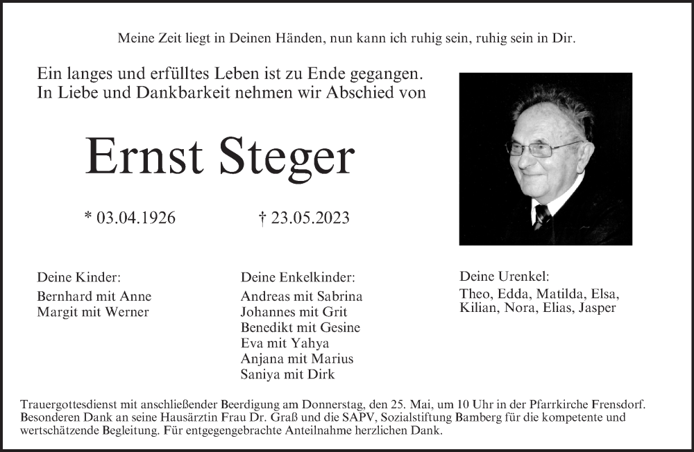  Traueranzeige für Ernst Steger vom 24.05.2023 aus MGO