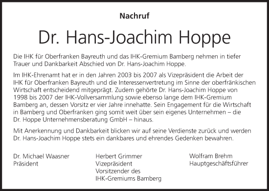 Anzeige von Hans-Joachim Hoppe von MGO