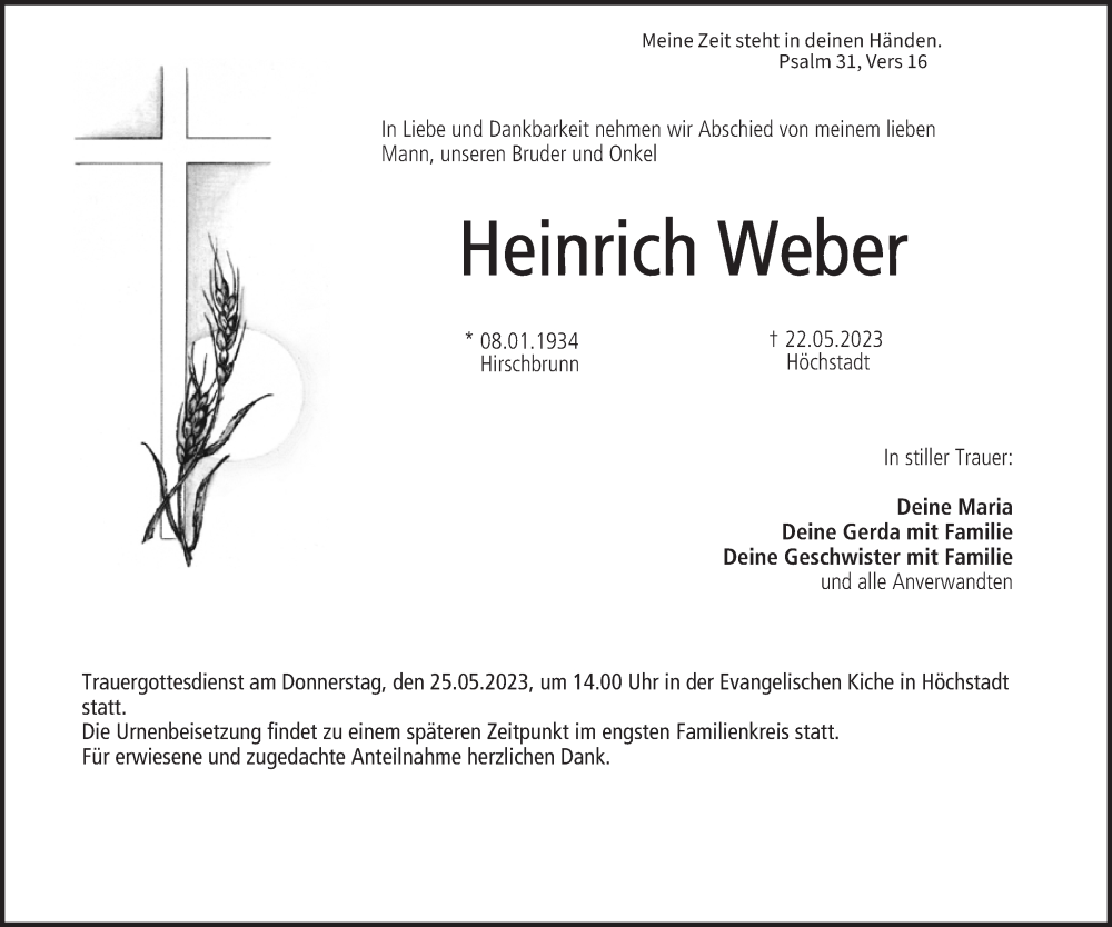  Traueranzeige für Heinrich Weber vom 24.05.2023 aus MGO