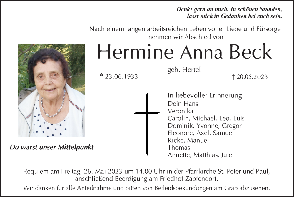  Traueranzeige für Hermine Anna Beck vom 23.05.2023 aus MGO