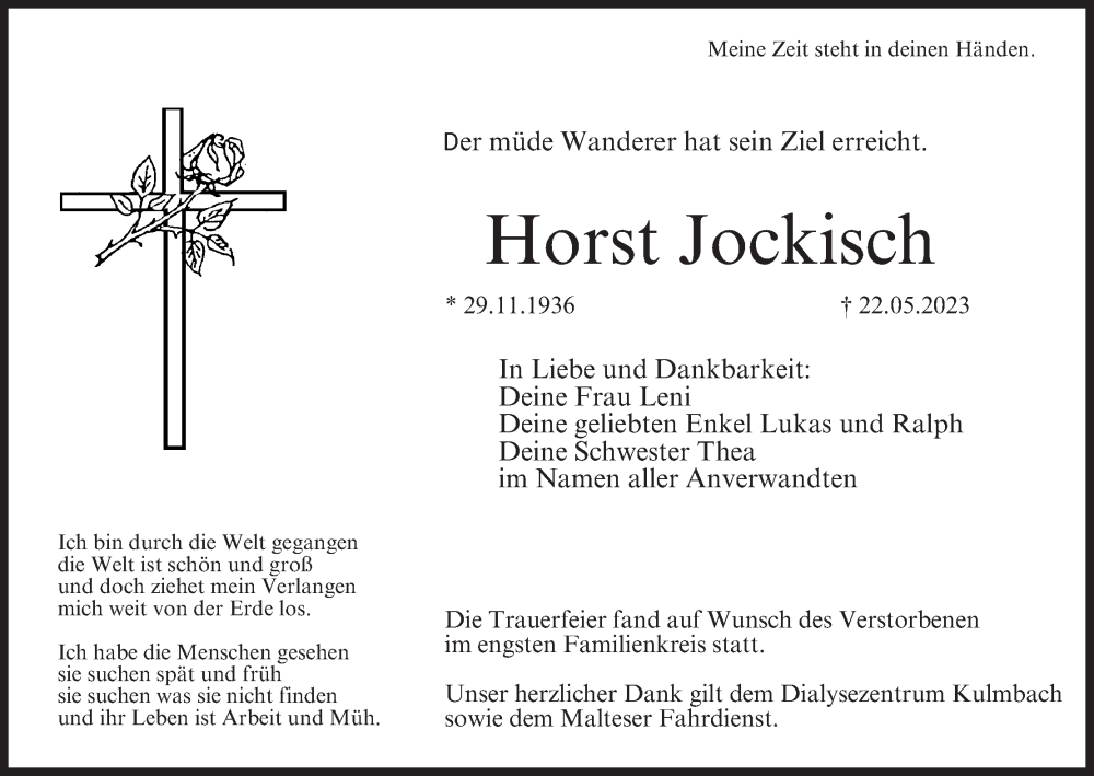  Traueranzeige für Horst Jockisch vom 27.05.2023 aus MGO