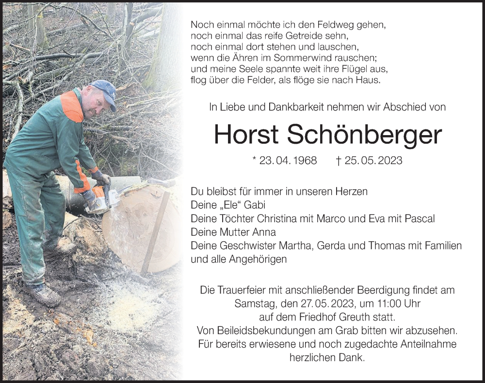  Traueranzeige für Horst Schönberger vom 26.05.2023 aus MGO