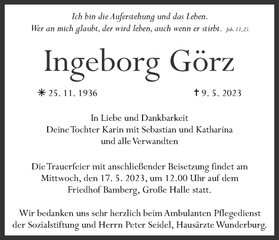 Anzeige von Ingeborg Görz von MGO