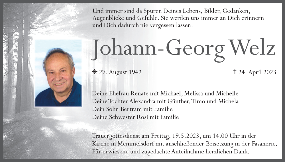  Traueranzeige für Johann-Georg Welz vom 13.05.2023 aus MGO