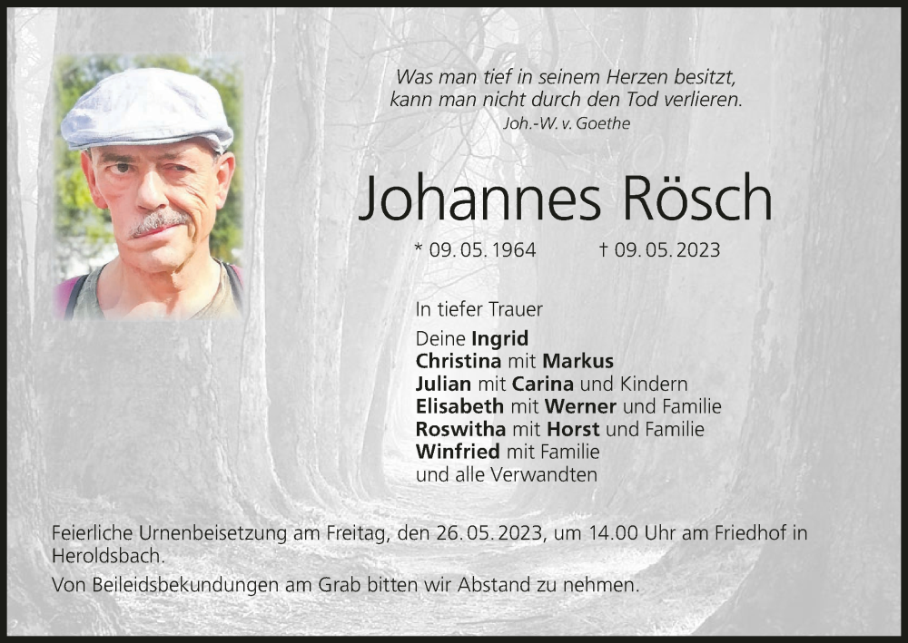  Traueranzeige für Johannes Rösch vom 20.05.2023 aus MGO