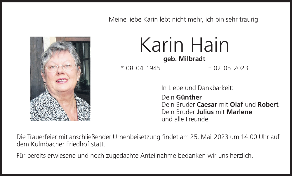  Traueranzeige für Karin Hain vom 20.05.2023 aus MGO