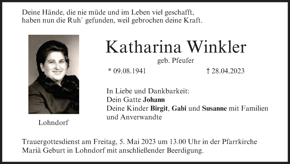  Traueranzeige für Katharina Winkler vom 03.05.2023 aus MGO