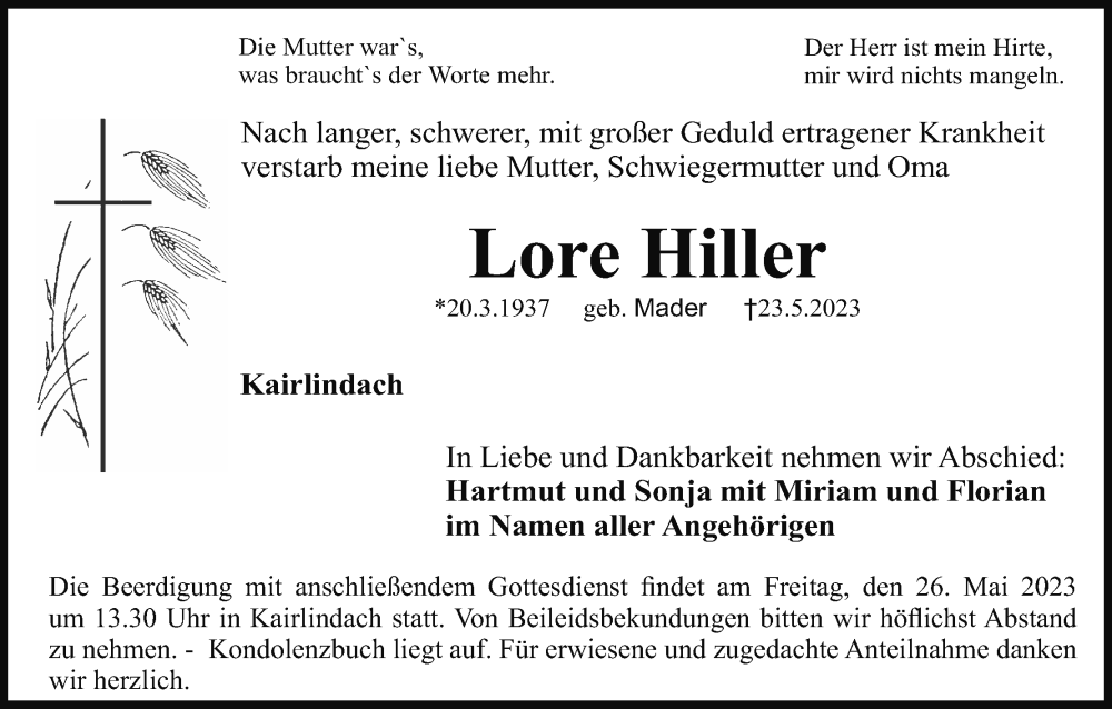  Traueranzeige für Lore Hiller vom 25.05.2023 aus MGO