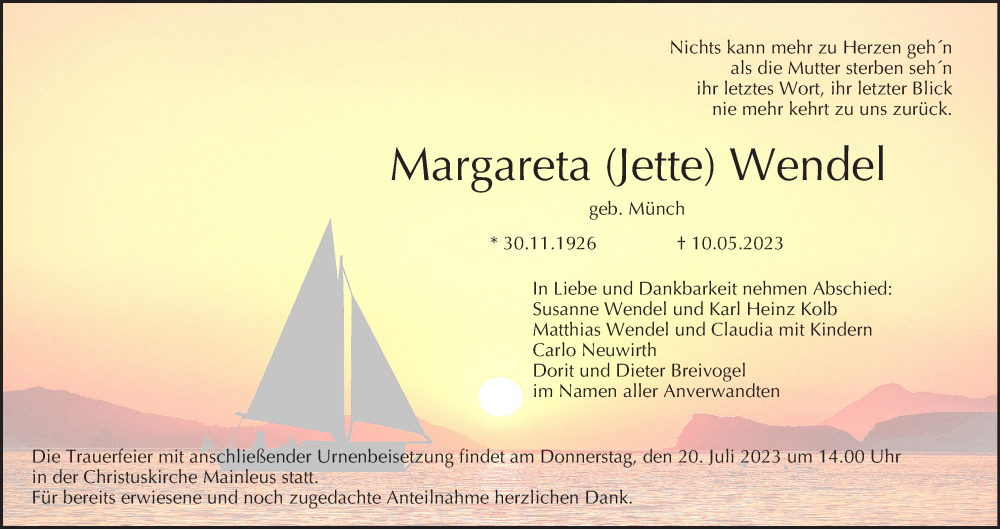  Traueranzeige für Margareta Wendel vom 27.05.2023 aus MGO