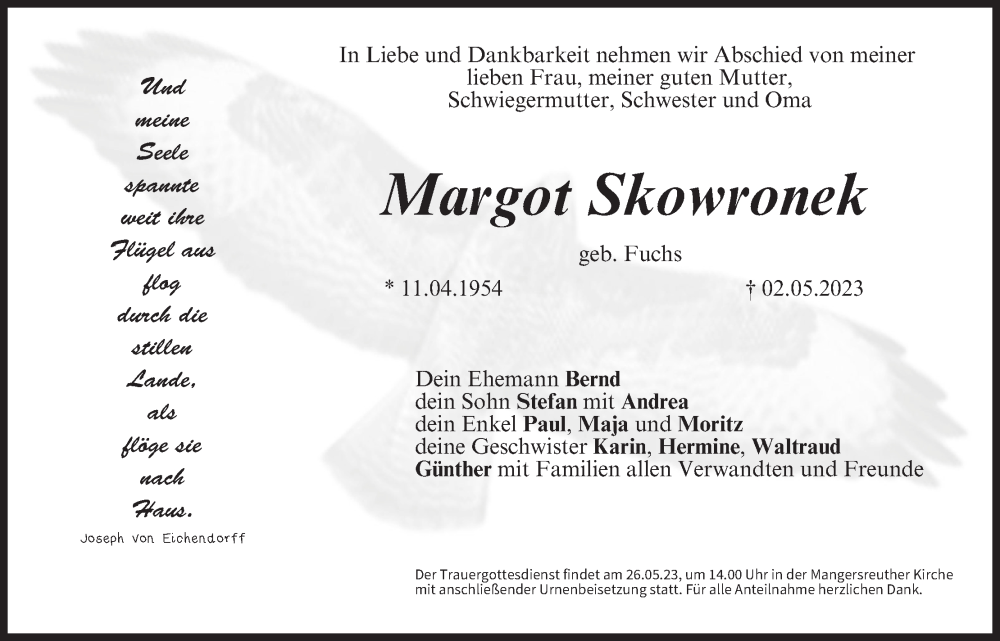  Traueranzeige für Margot Skowronek vom 20.05.2023 aus MGO