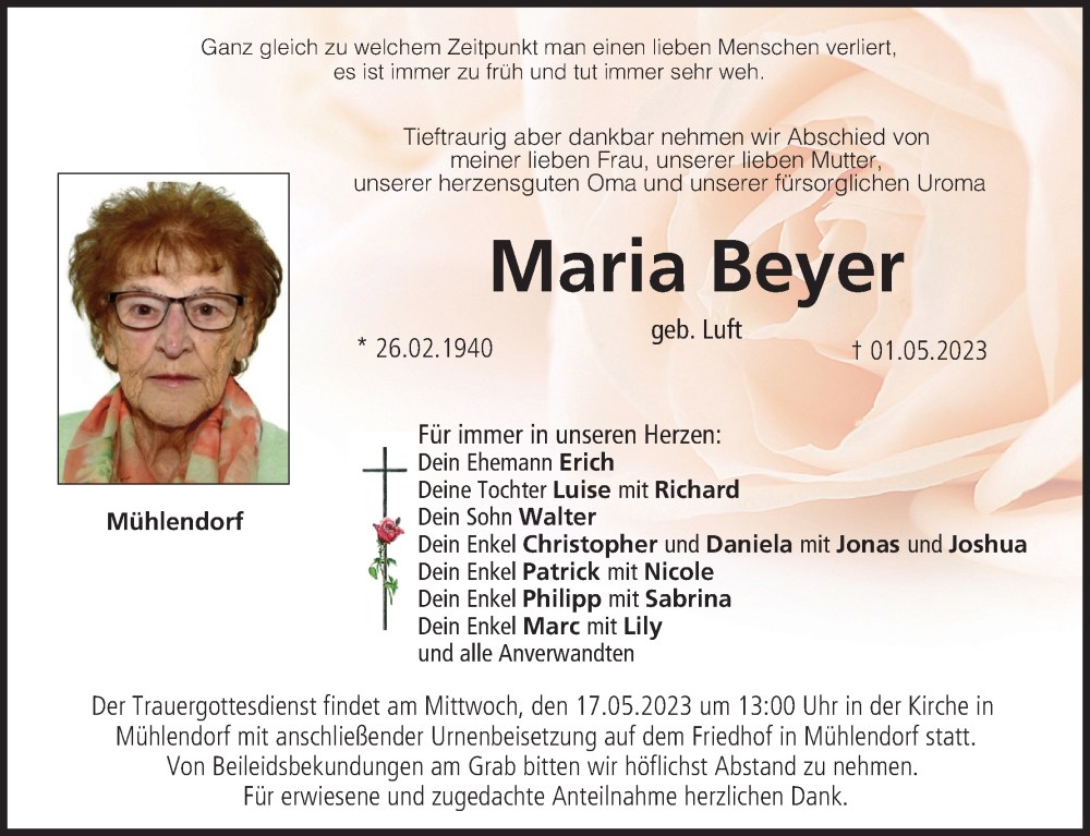  Traueranzeige für Maria Beyer vom 06.05.2023 aus MGO