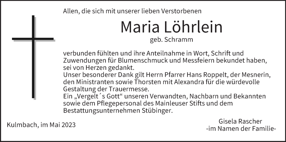  Traueranzeige für Maria Löhrlein vom 27.05.2023 aus MGO