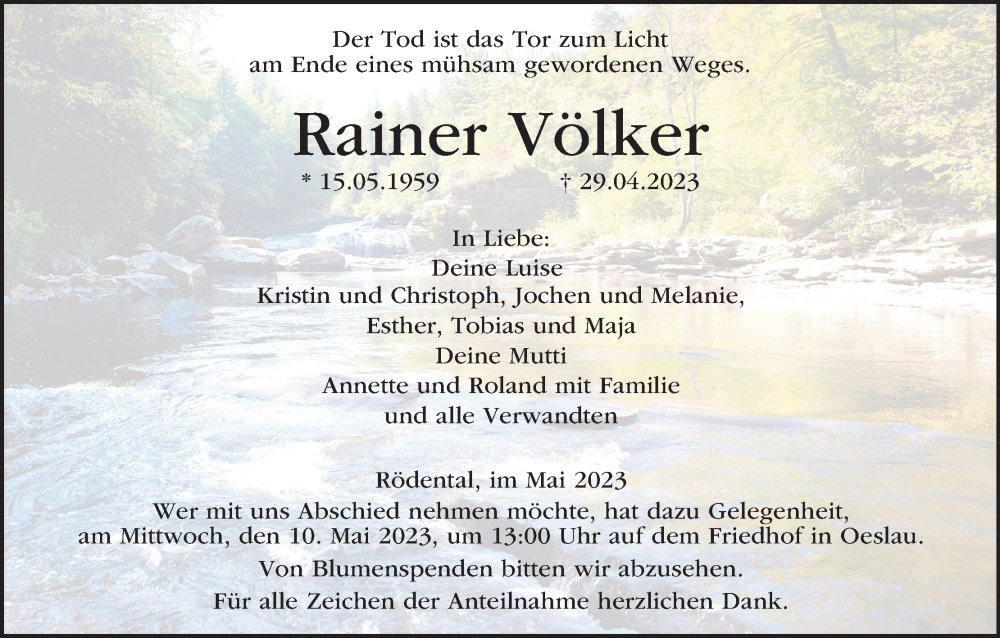  Traueranzeige für Rainer Völker vom 06.05.2023 aus MGO