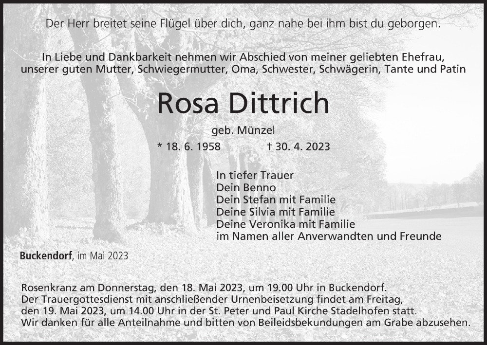  Traueranzeige für Rosa Dittrich vom 17.05.2023 aus MGO