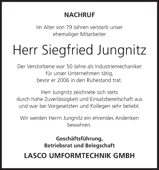 Anzeige von Siegfried Jungnitz von MGO