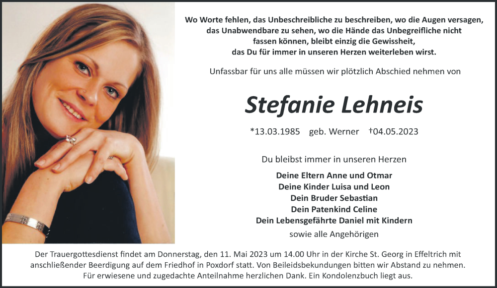  Traueranzeige für Stefanie Lehneis vom 09.05.2023 aus MGO