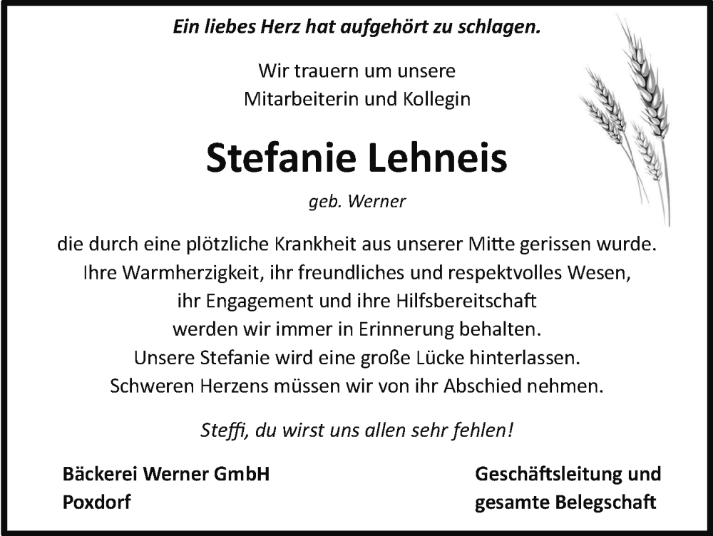 Stefanie Lehneis | Traueranzeige | trauer.inFranken.de