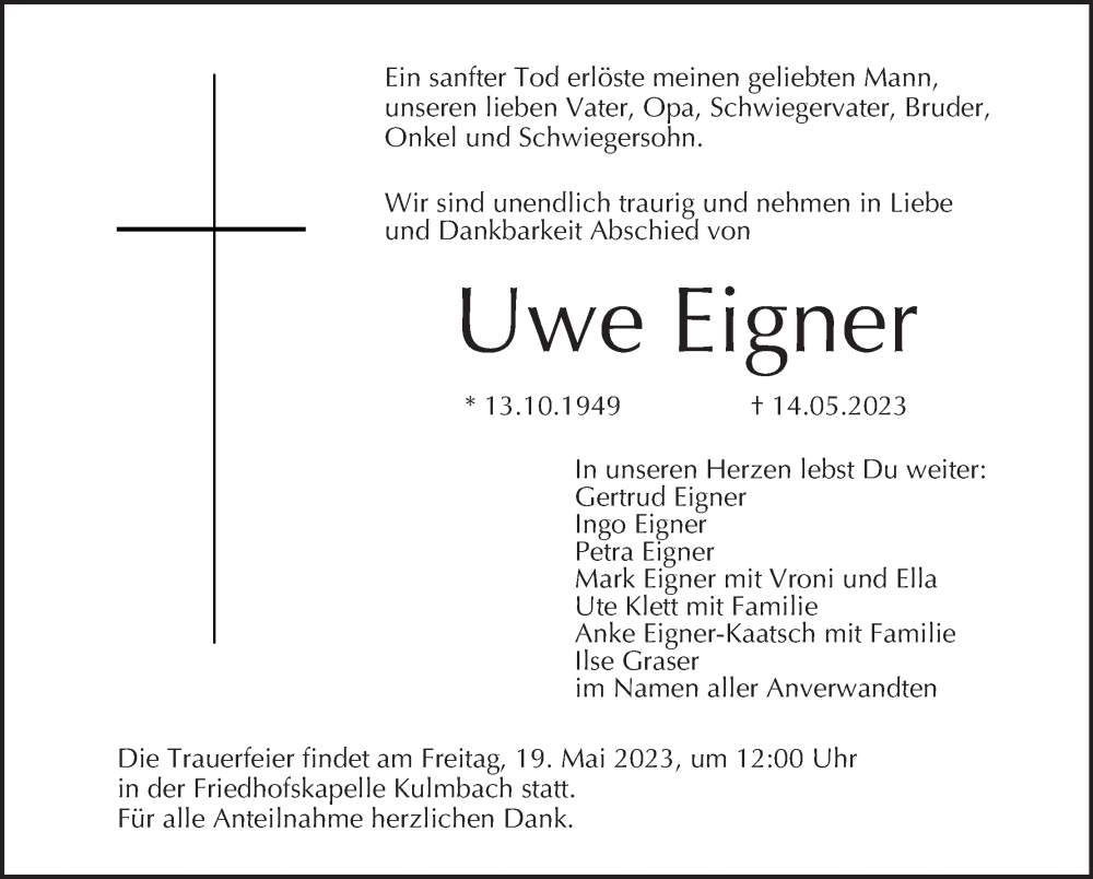  Traueranzeige für Uwe Eigner vom 16.05.2023 aus MGO