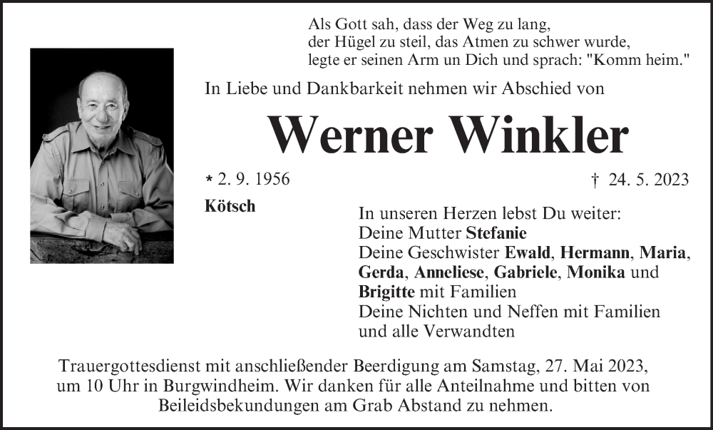  Traueranzeige für Werner Winkler vom 26.05.2023 aus MGO