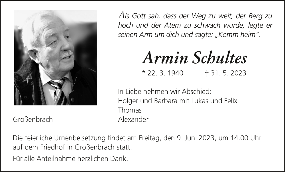  Traueranzeige für Armin Schultes vom 03.06.2023 aus MGO