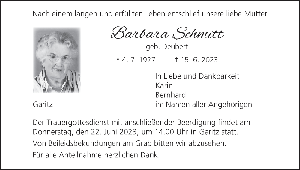 Barbara Schmitt | Traueranzeige | Trauer.inFranken.de