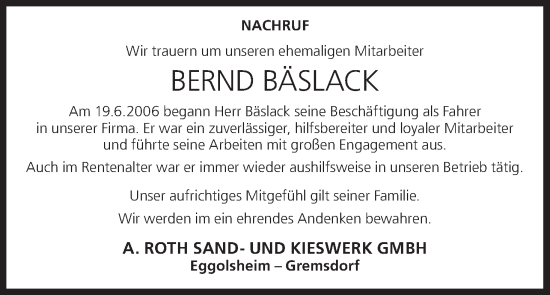 Anzeige von Bernd Bäslack von MGO