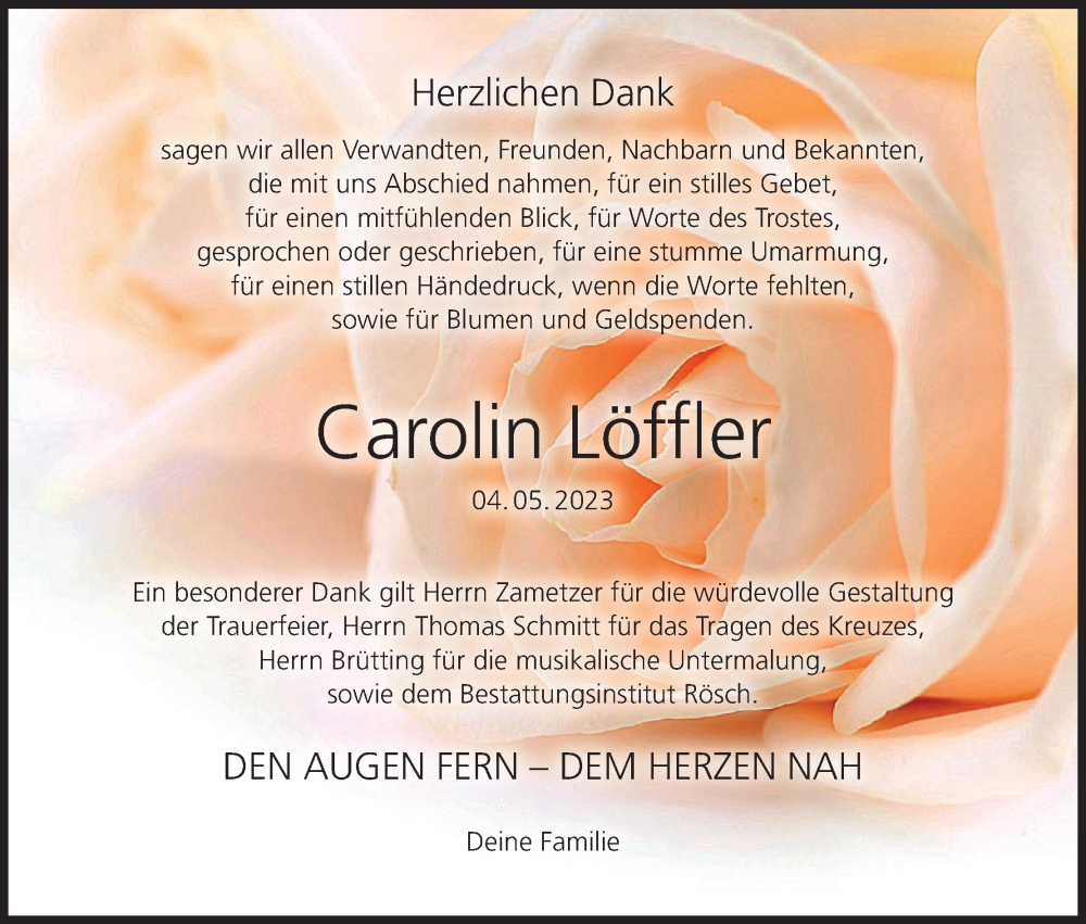  Traueranzeige für Carolin Löffler vom 03.06.2023 aus MGO