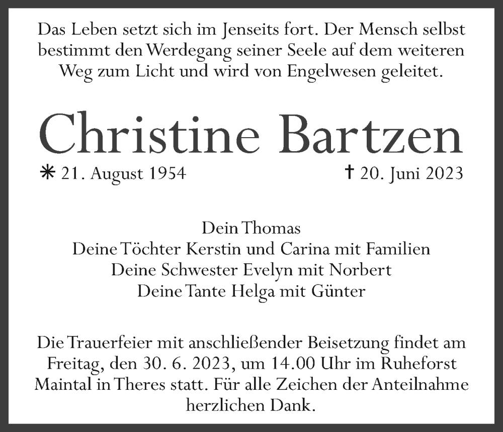  Traueranzeige für Christine Bartzen vom 27.06.2023 aus MGO