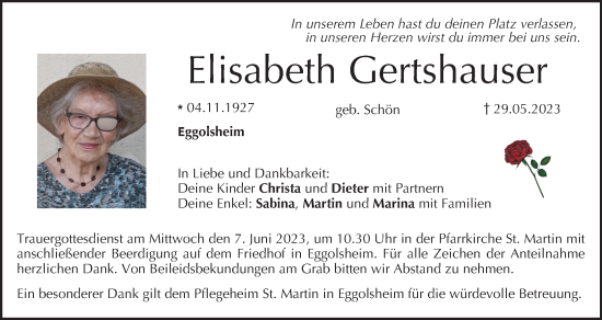 Elisabeth Gertshauser | Traueranzeige | trauer.inFranken.de