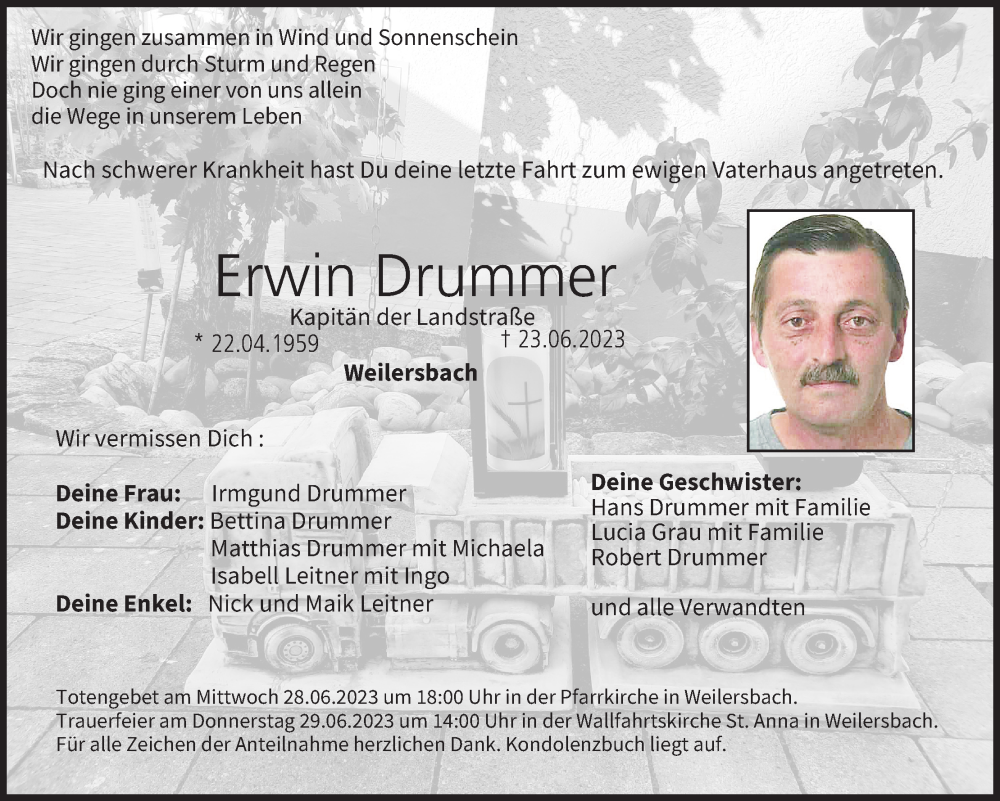  Traueranzeige für Erwin Drummer vom 27.06.2023 aus MGO