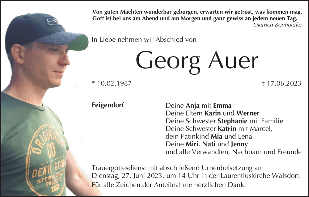 Traueranzeige für Georg Auer vom 24.06.2023 aus MGO