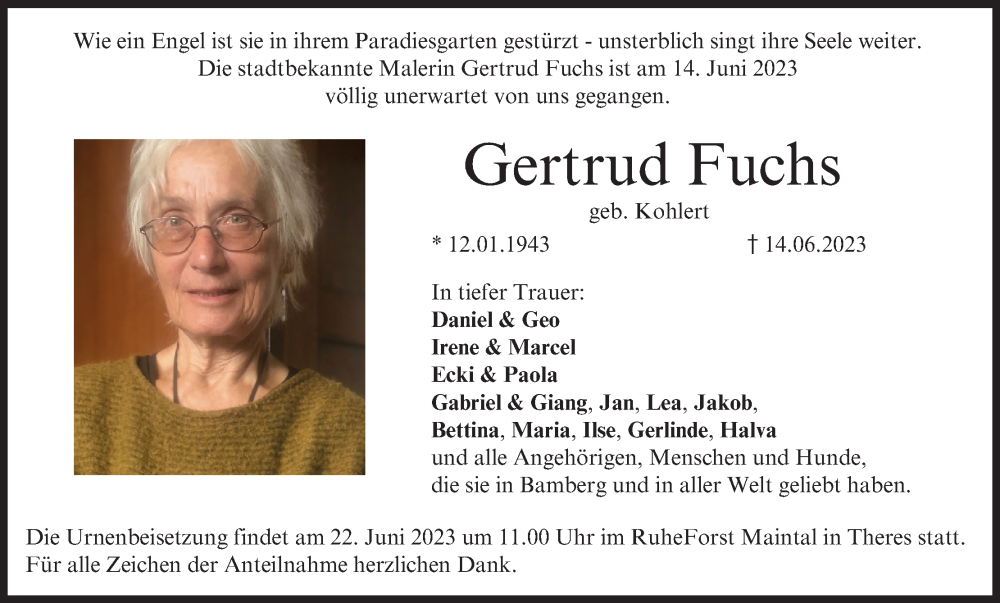  Traueranzeige für Gertrud Fuchs vom 20.06.2023 aus MGO