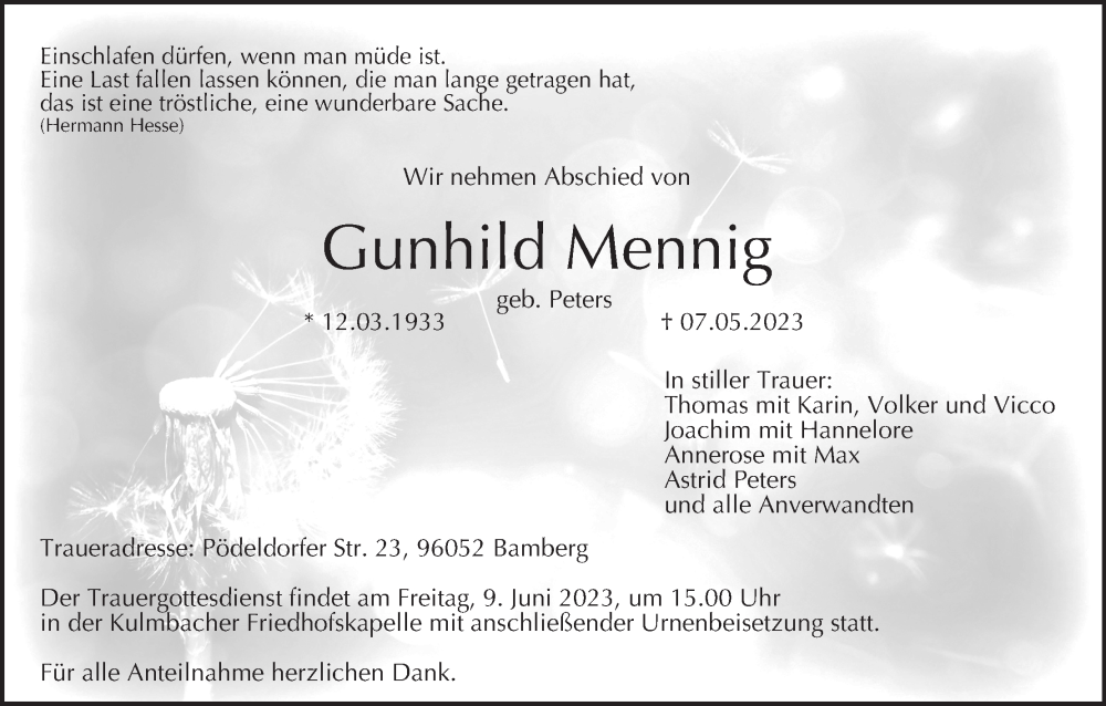  Traueranzeige für Gunhild Mennig vom 03.06.2023 aus MGO