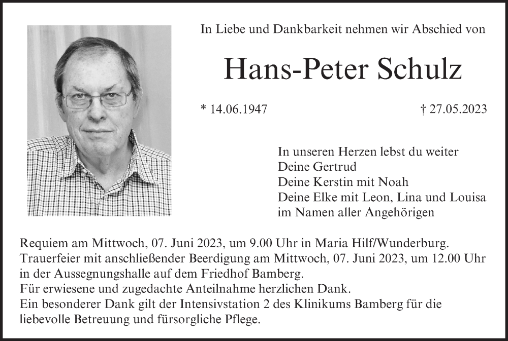  Traueranzeige für Hans-Peter Schulz vom 03.06.2023 aus MGO