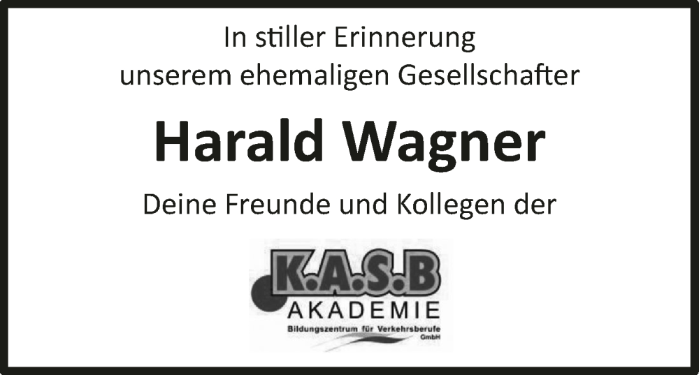  Traueranzeige für Harald Wagner vom 24.06.2023 aus MGO