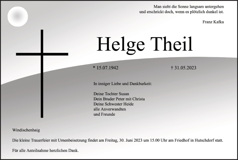  Traueranzeige für Helge Theil vom 03.06.2023 aus MGO