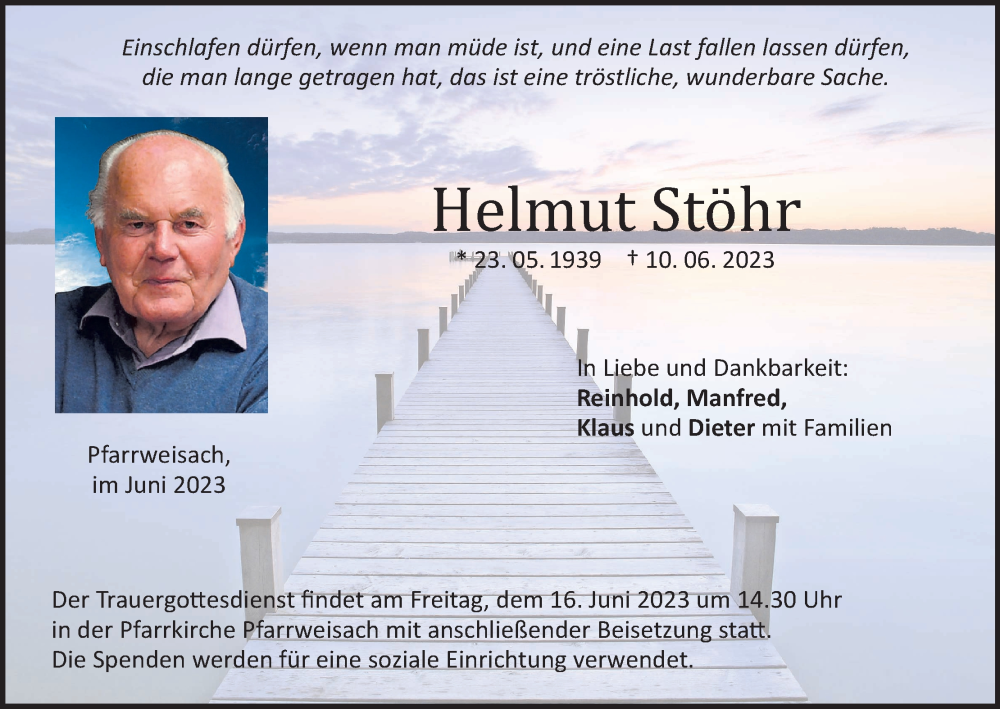  Traueranzeige für Helmut Stöhr vom 14.06.2023 aus MGO