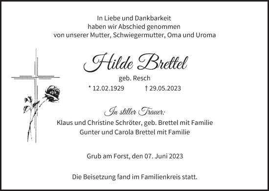 Anzeige von Hilde Brettel von MGO