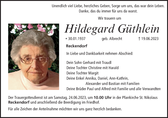 Hildegard Güthlein | Traueranzeige | trauer.inFranken.de