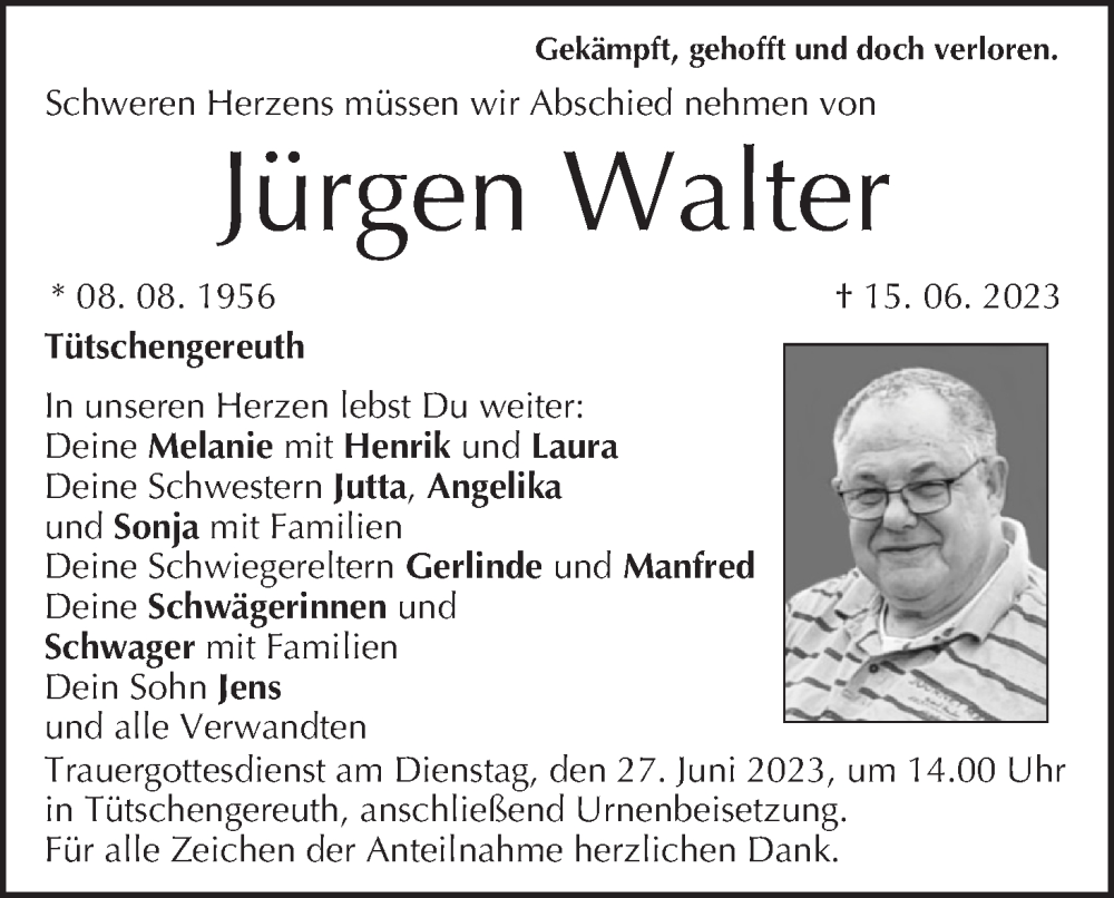  Traueranzeige für Jürgen Walter vom 24.06.2023 aus MGO